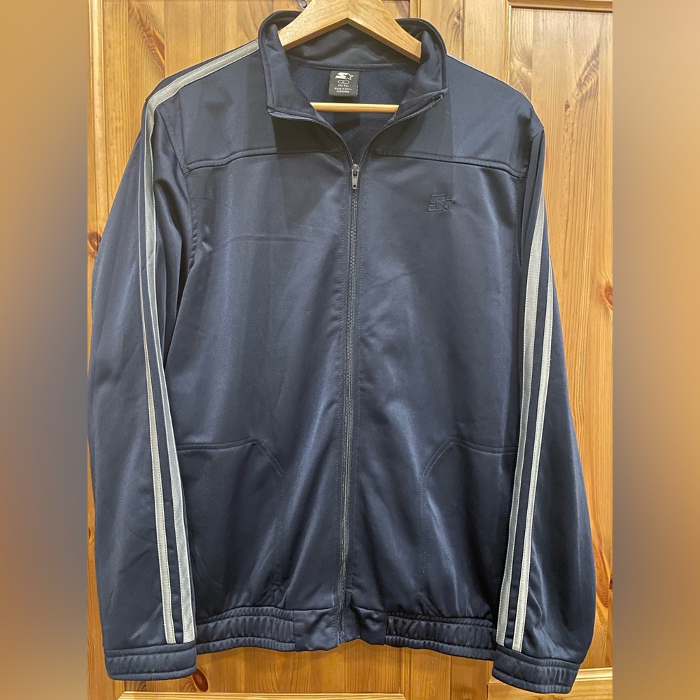 Starter Mens Large zip up blue track jacket with reflector stripes